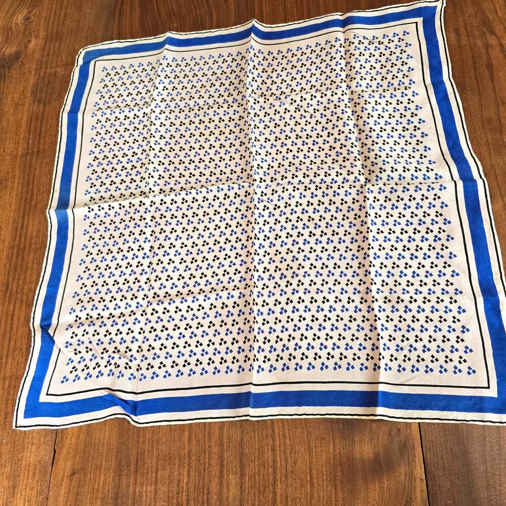 Vintage Silk Scarf Square Blue Black Birdseye Print Classic 70s Preppy Timeless